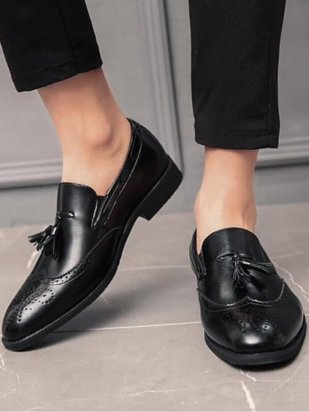 Men's Black Penny Loafers With Tassels Casual Dress Shoes Loafers Slip On